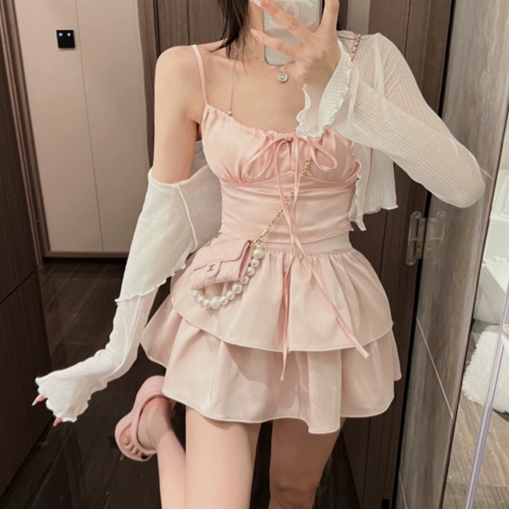 Pastel Pink Silky Layered Tiered Kawaii Ballet Cottage Mini Skirt Skort